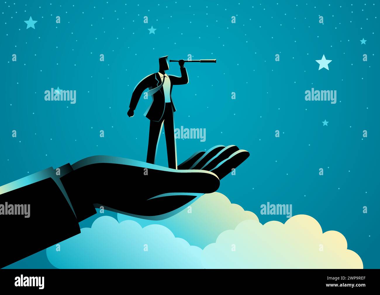 Illustration showcasing a helping hand guiding a businessman using a telescope to observe the stars. This powerful business concept symbolizes vision, Stock Vector