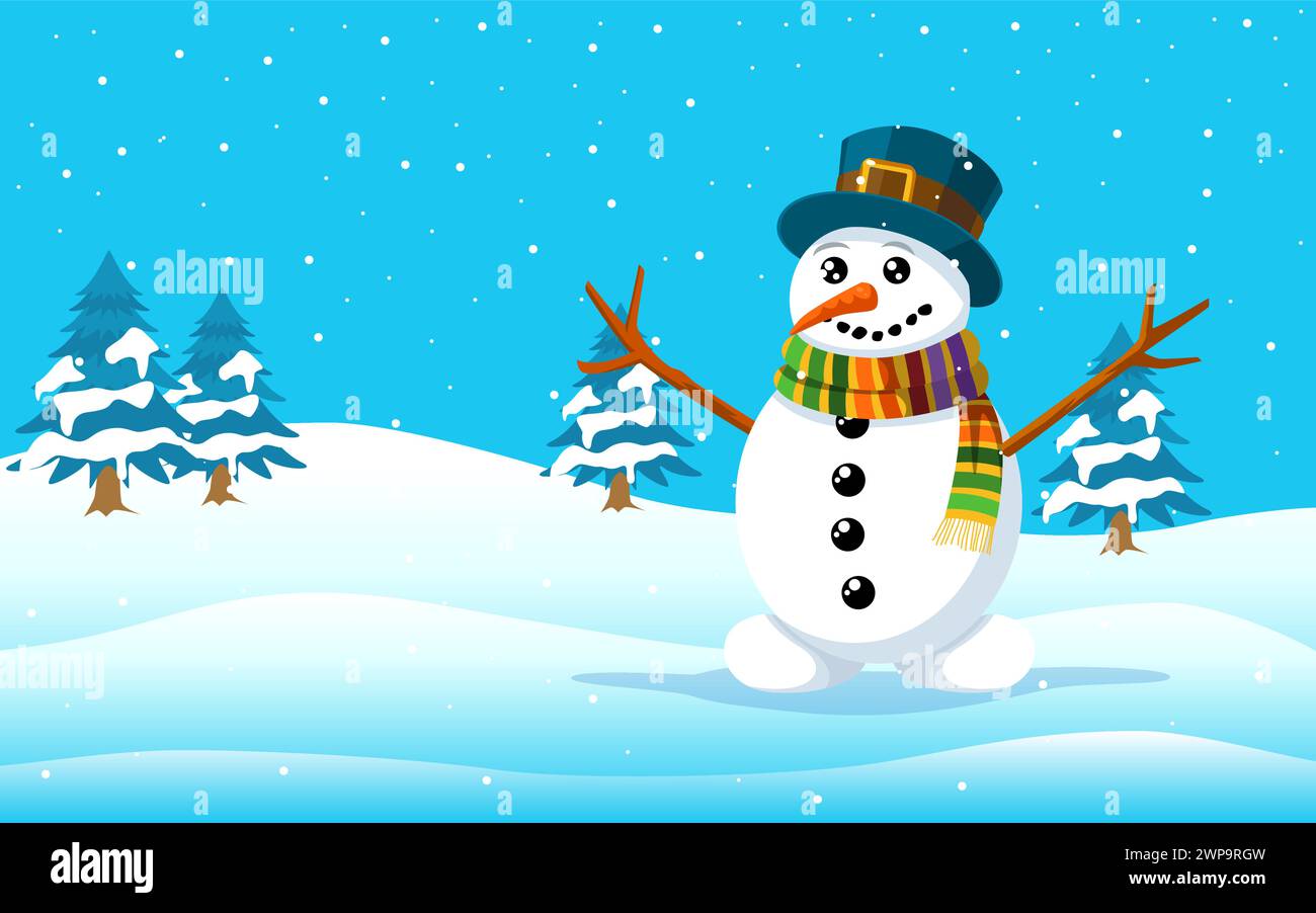 Snowman cartoon on snowy hills for Christmas theme, vector illustration Stock Vector