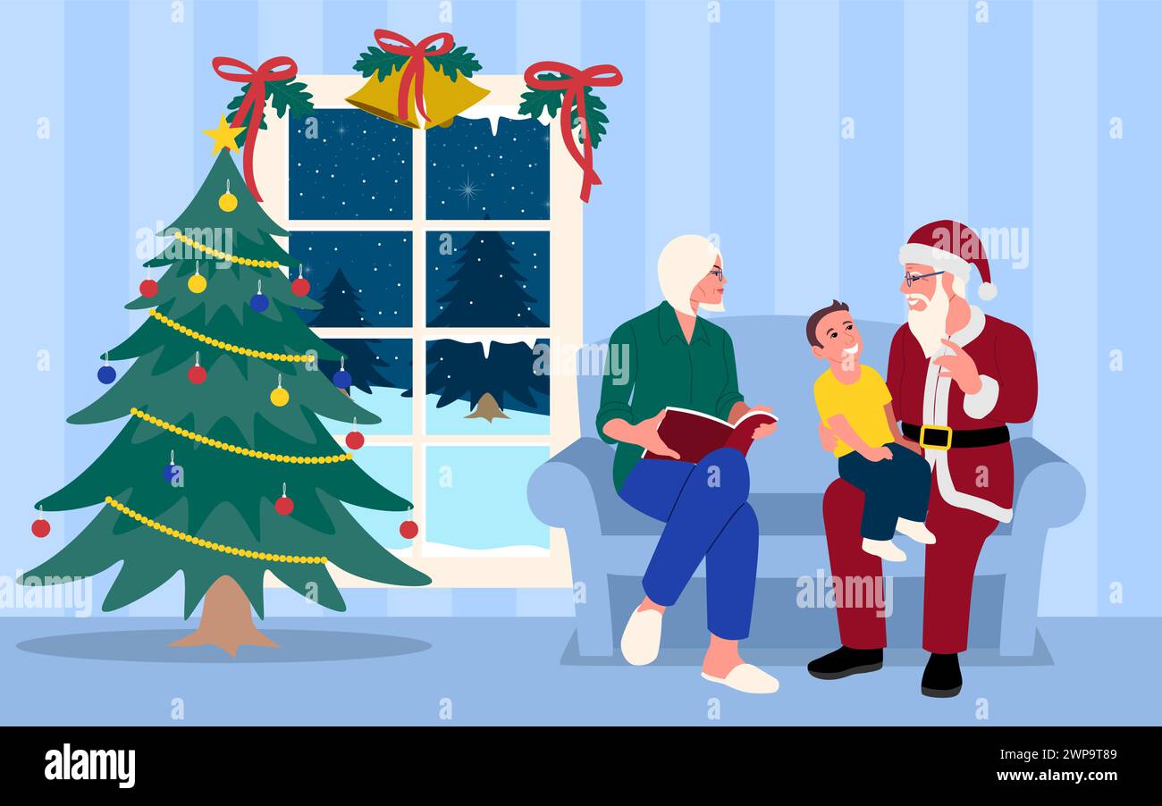 Loving grandparent sitting together with their grandchild with grandpa dresses up as Santa Claus and puts on the classic red outfit to bring joy and h Stock Vector