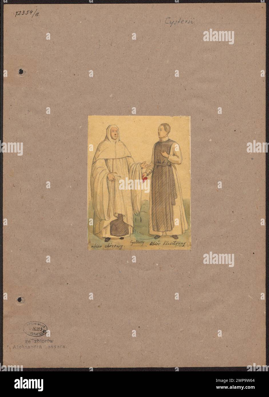 Two Cistercians - one in choral clothing, the other in the monastery; Lesser, Aleksander (1814-1884); 1830-1884 (1830-00-00-1884-00-00);Lesser, Aleksander (1814-1884), Lesser, Aleksander (1814-1884) - collections, Lesser, Emiljan Stanisław (Baron - 1847-1912) - collection, Lesser, Wiktor Stanisław Zygmunt (Baron - 1853-1935), Lesser, Wiktor, Wiktor Stanisław Zygmunt (Baron - 1853-1935) - collection, Cistercians (Order), gift (provenance), habits, monks, clothing, clergy outfits, religious Stock Photo
