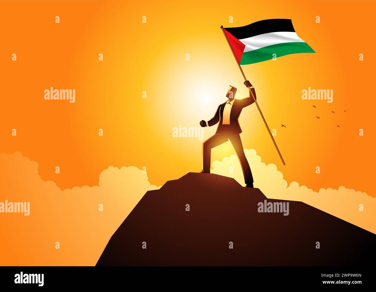 Silhouette of man figure holding the flag of Palestine on top of a mountain, vector illustration Stock Vector
