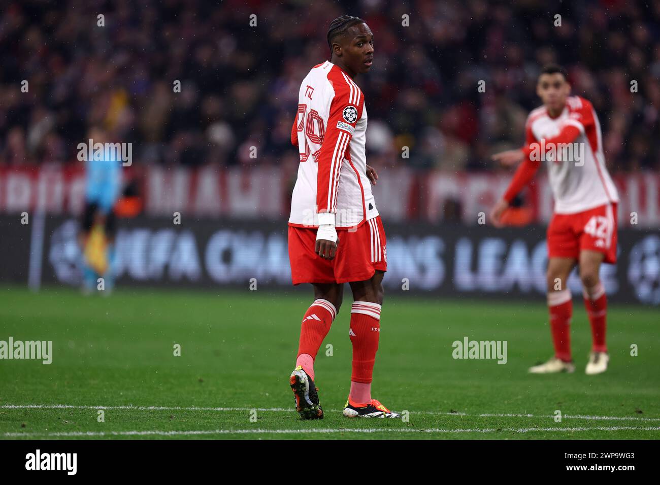 Munchen, Germany. 05th Mar, 2024. Mathys Tel of FC Bayern Munich looks ...