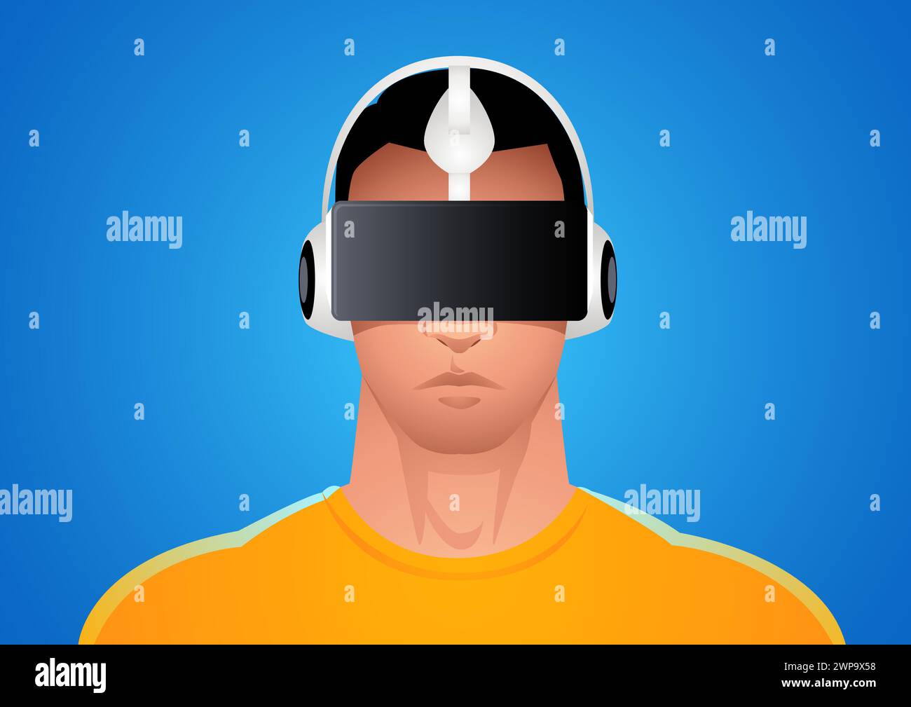 Illustration of a man in virtual reality goggles against a blue backdrop, explore the boundless possibilities of technology and imagination that speak Stock Vector