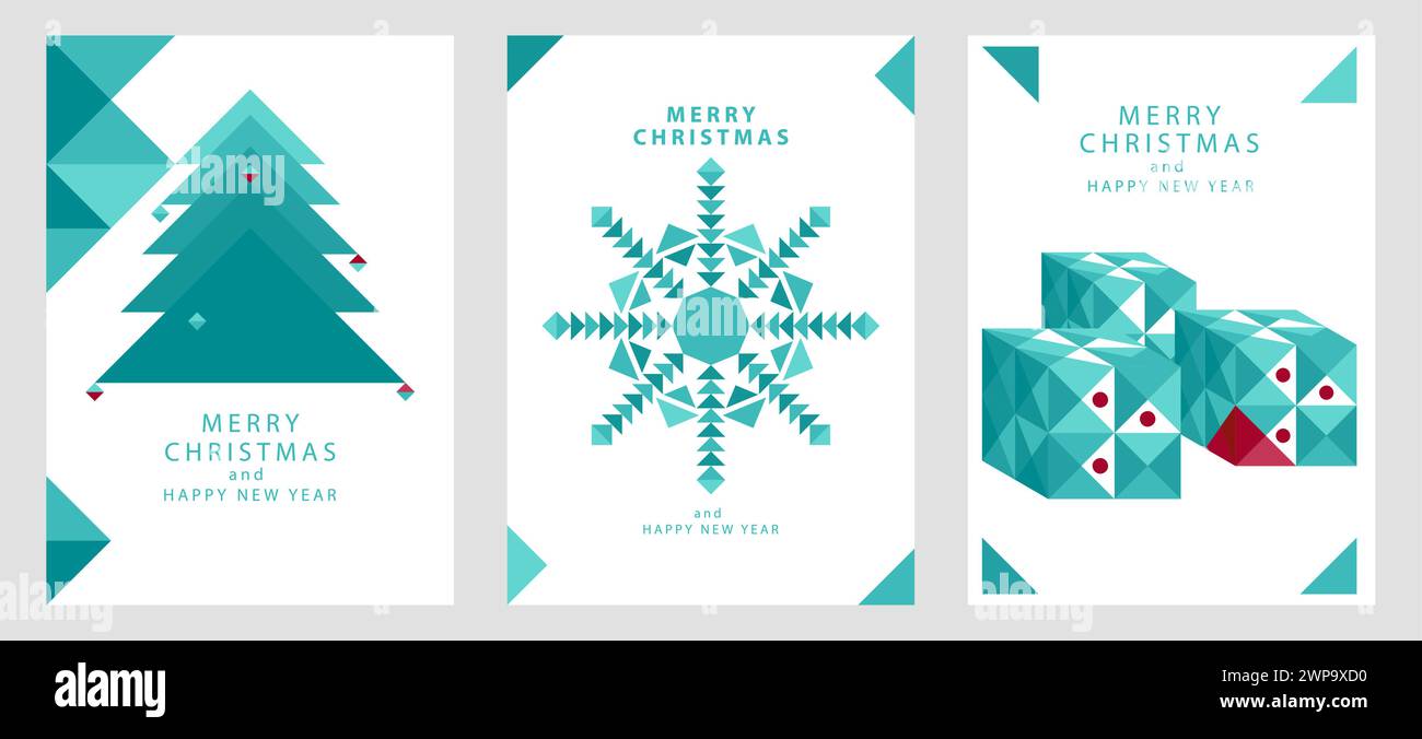 Set of minimalist geometric shapes design greeting cards for Christmas and New Year. This collection combines simplicity with modern elegance Stock Vector
