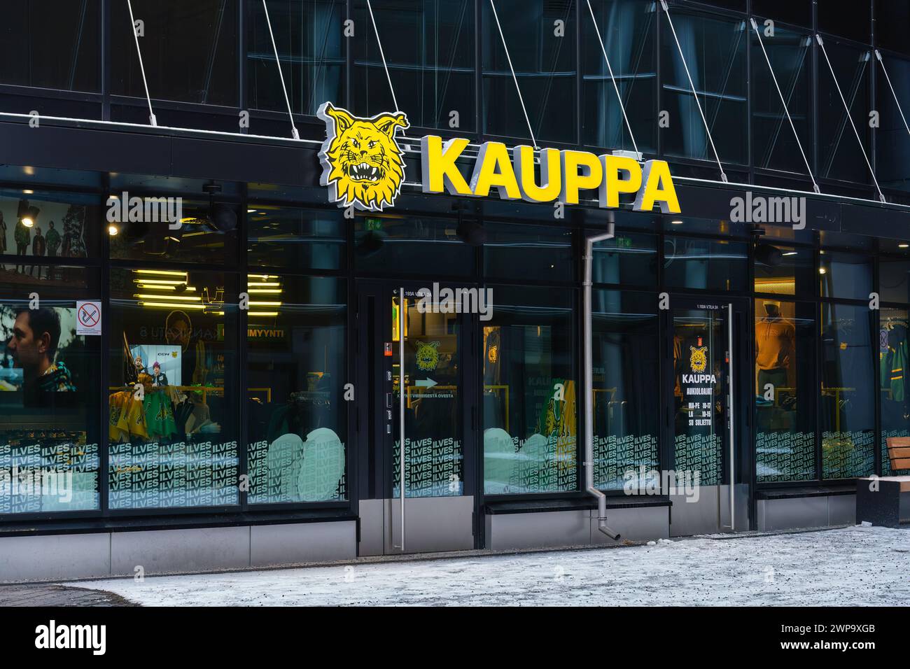 Fan shop for the sports team Ilves at the Nokia Arena in Tampere, Finland. January 27, 2024. Stock Photo