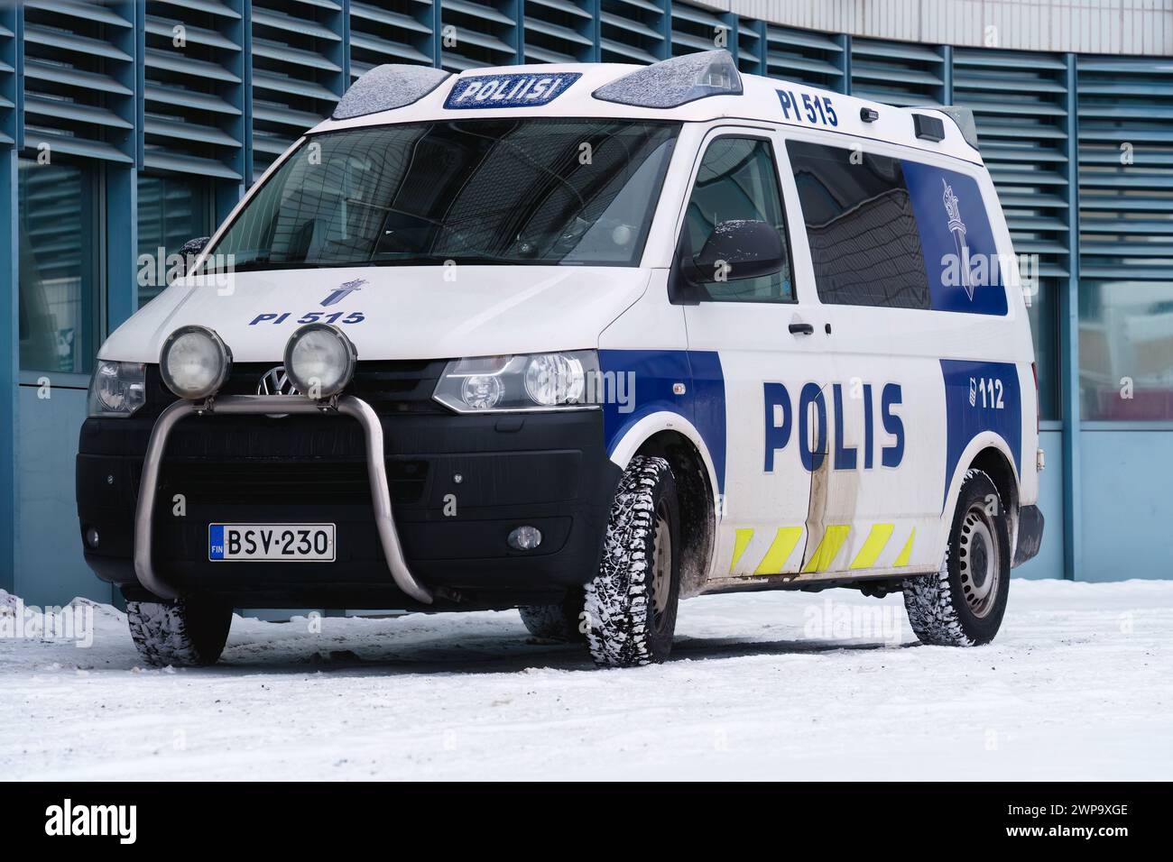 Finnish Police Vehicle Parked Outside a Station. Tampere, Finland. January 27, 2024. Stock Photo