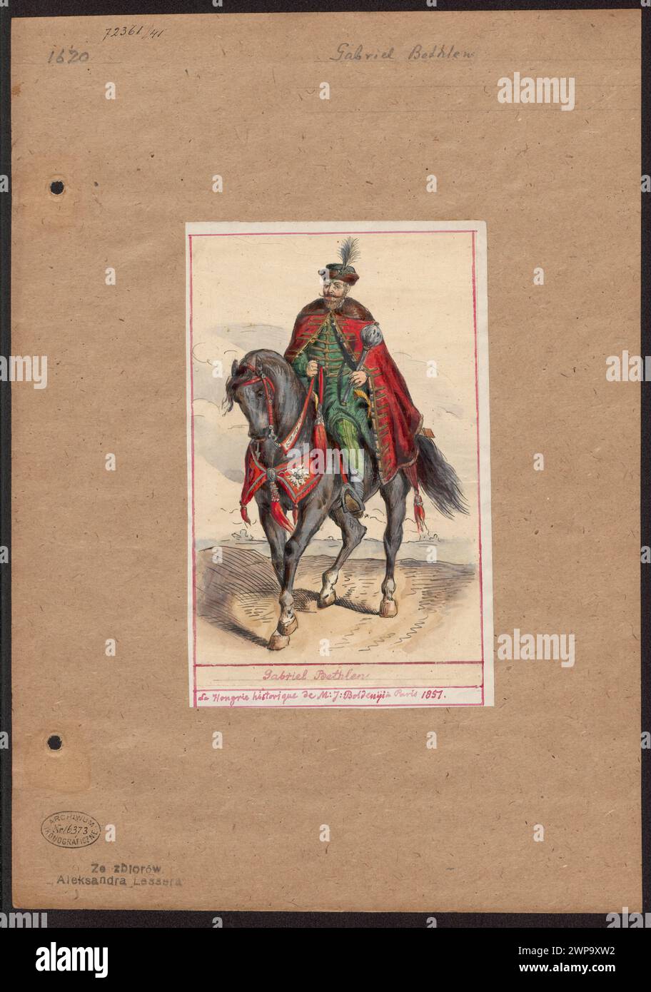 Gábor Bethlen's horse portrait, king of Games, according to the illustration with 'La Hondgrie Ancienne et Moderne: Histoire, Arts, Littératur ...' M. J. Boldényi, Paris 1851; Lesser, Aleksander (1814-1884); 1851-1884 (1851-00-00-1884-00-00);Bethlen, Gábor (King of Hungary - 1580-1629), Bethlen, Gábor (King of Hungary - 1580-1629) - iconography, Lesser, Aleksander (1814-1884), Lesser, Aleksander (1814-1884) - collections, Lesser, Wiktor Stanisław Zygmunt (Baron - 1853-1935), Lesser, Wiktor Stanisław Zygmunt (Baron - 1853-1935) - collection, Lesser, Wiktor Stanisław Zygmunt - collections of Ale Stock Photo