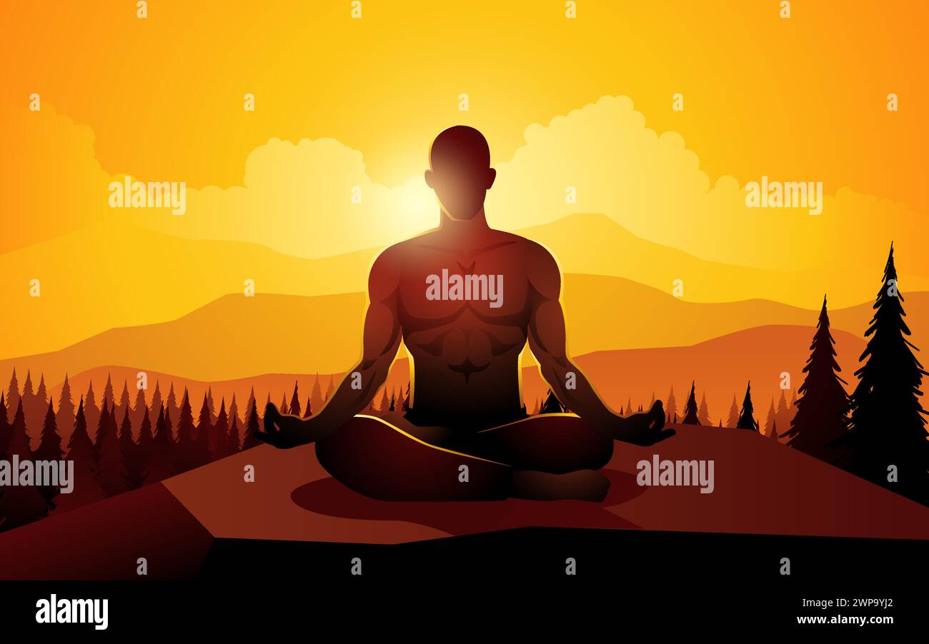 Silhouette of a man doing yoga on mountain peak, vector illustration ...