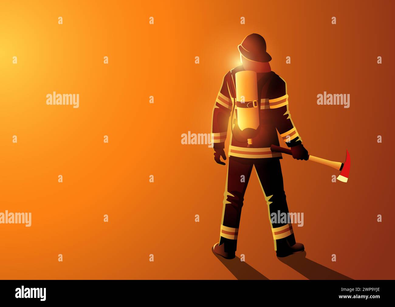 Vector illustration of a firefighter seen from back view Stock Vector ...
