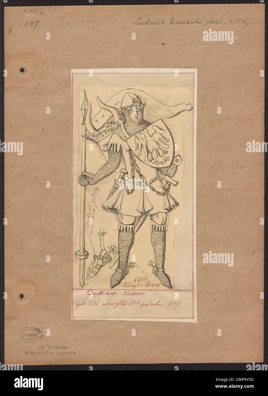 Emperor Ludwik IV Bavarski in a knight's costume and shields with a coat of arms, according to the one found at the Museum in Mainz; Lesser, Aleksander (1814-1884); 1830-1884 (1830-00-00-1884-00-00);Lesser, Aleksander (1814-1884), Lesser, Aleksander (1814-1884) - collections, Lesser, Wiktor Stanisław Zygmunt (Baron - 1853-1935), Lesser, Wiktor Stanisław Zygmunt (Baron - 1853-1935) - collection, Ludwik IV. (Roman-German emperor-1287-1347), Ludwik IV (Roman-German emperor-1287-1347)-iconography, Germany, XIV century, emperors, gift (provenance), coats of arms, personalities, foreign personalitie Stock Photo