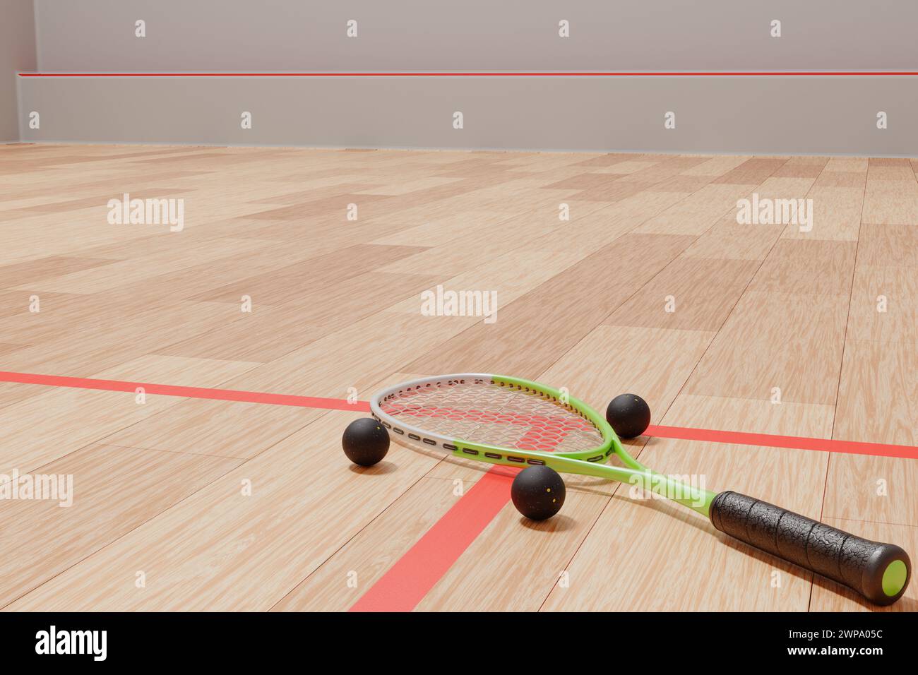 Squash racket and balls in the sports room on the court floor. 3D ...