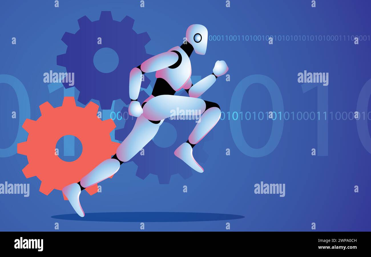 Robot in motion, set against a backdrop of spinning cogwheels and binary code, represents the rapid pace of AI learning and its quest to attain human Stock Vector