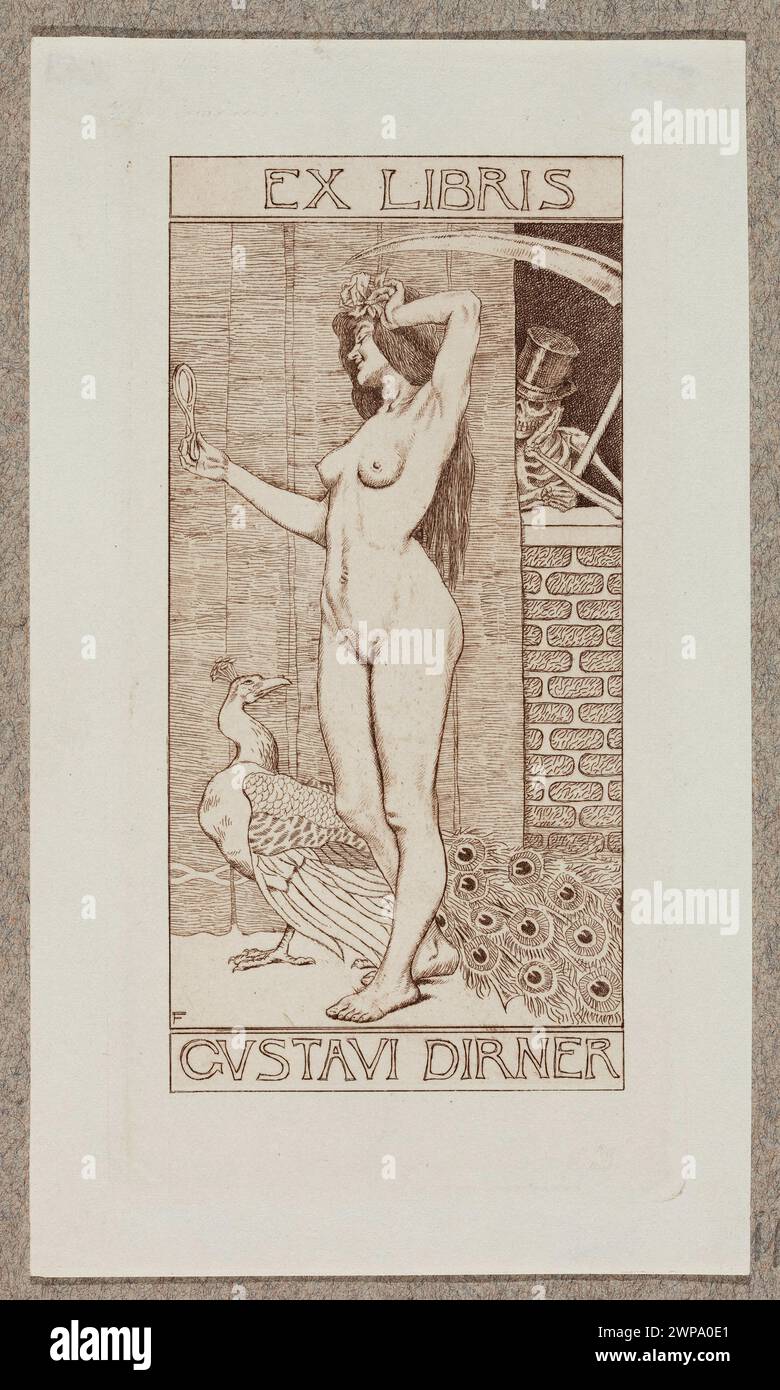 Ex libris Gustav Dirner; Faragó, József (1866-1906); 1903 (1903-00-00-1903-00-00);Dirner, Gusztáv (1855-1912), Partage Plus, Witke-Jeżewski, Dominik (1862-1944)-collection, acts, female acts, allegories, cylinders (hats), hats (headgear), women, scythes (agricultural tools. ), flowers, mirrors, modernism (style), peacocks, personifications (iconogr.), skeletons, death Stock Photo