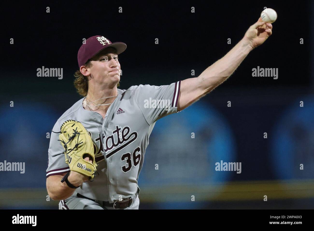 March 05, 2024: Mississippi St. outfielder Nolan Stevens (36) pitches ...