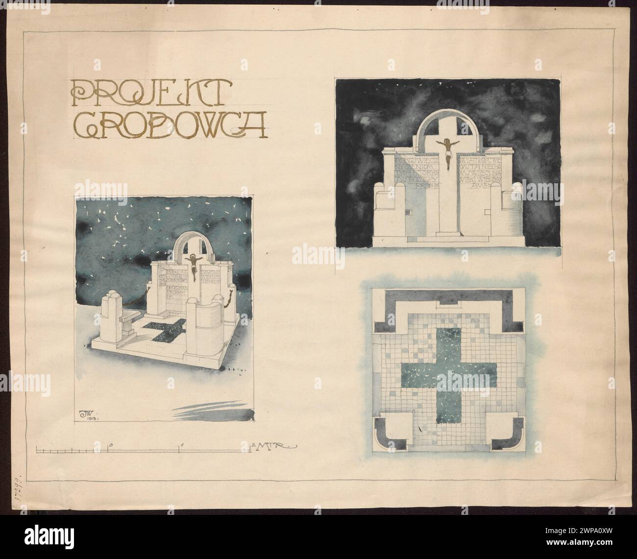 1913 designs by Jarosław Wojciechowski of the Pronaszków tomb in Powązki, Warsaw, showing axonometric, front, and horizontal projections in modernist and secession styles. Stock Photo