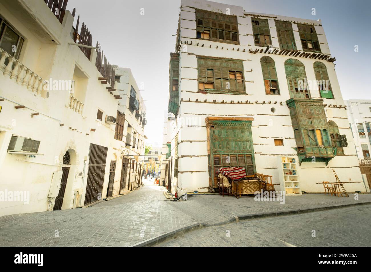 Traditional house decoration. The unique architecture of the medieval Arab city. Jeddah, Saudi Arabia Stock Photo