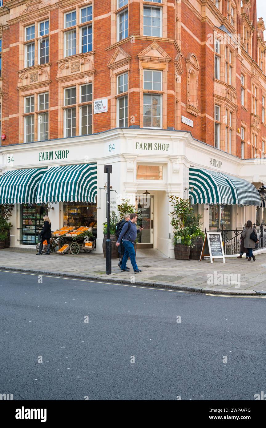 Exterior of Farm Shop Mayfair a grocery and food shop selling a range of fresh and seasonal produce. South Audley Street Mayfair London England Stock Photo