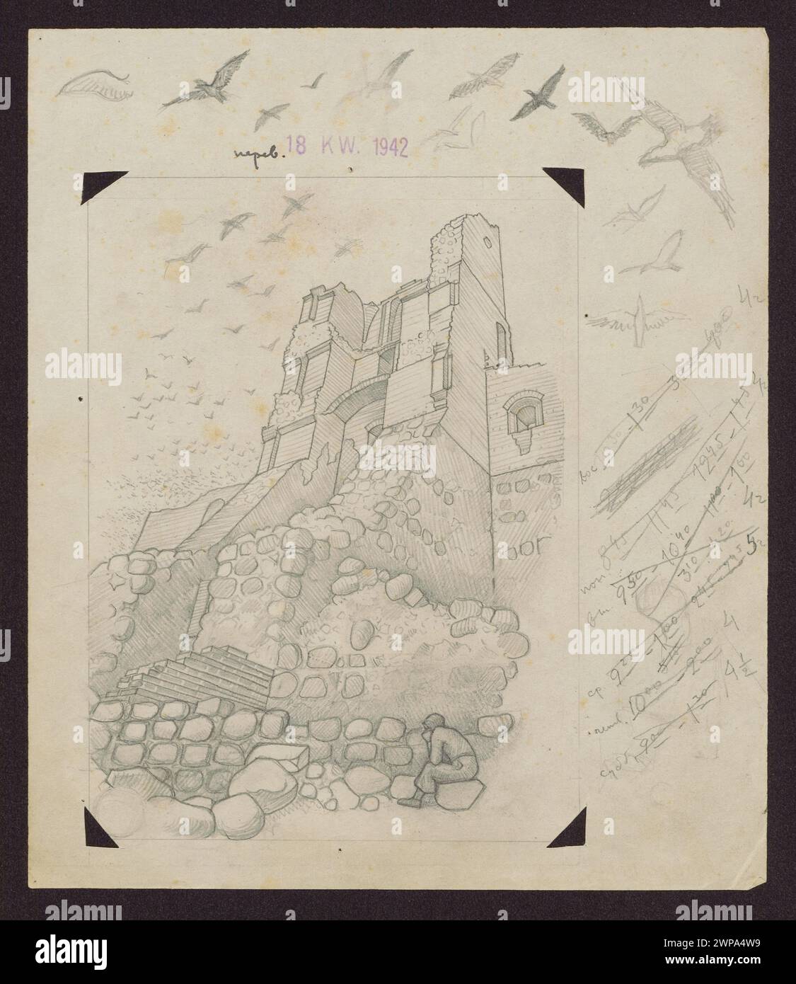 Ruins with a closed man, sketches for graphics from the TRAKI series; Romanowicz, Walenty; 1941-1944 (1941-00-00-1944-00-00); Stock Photo