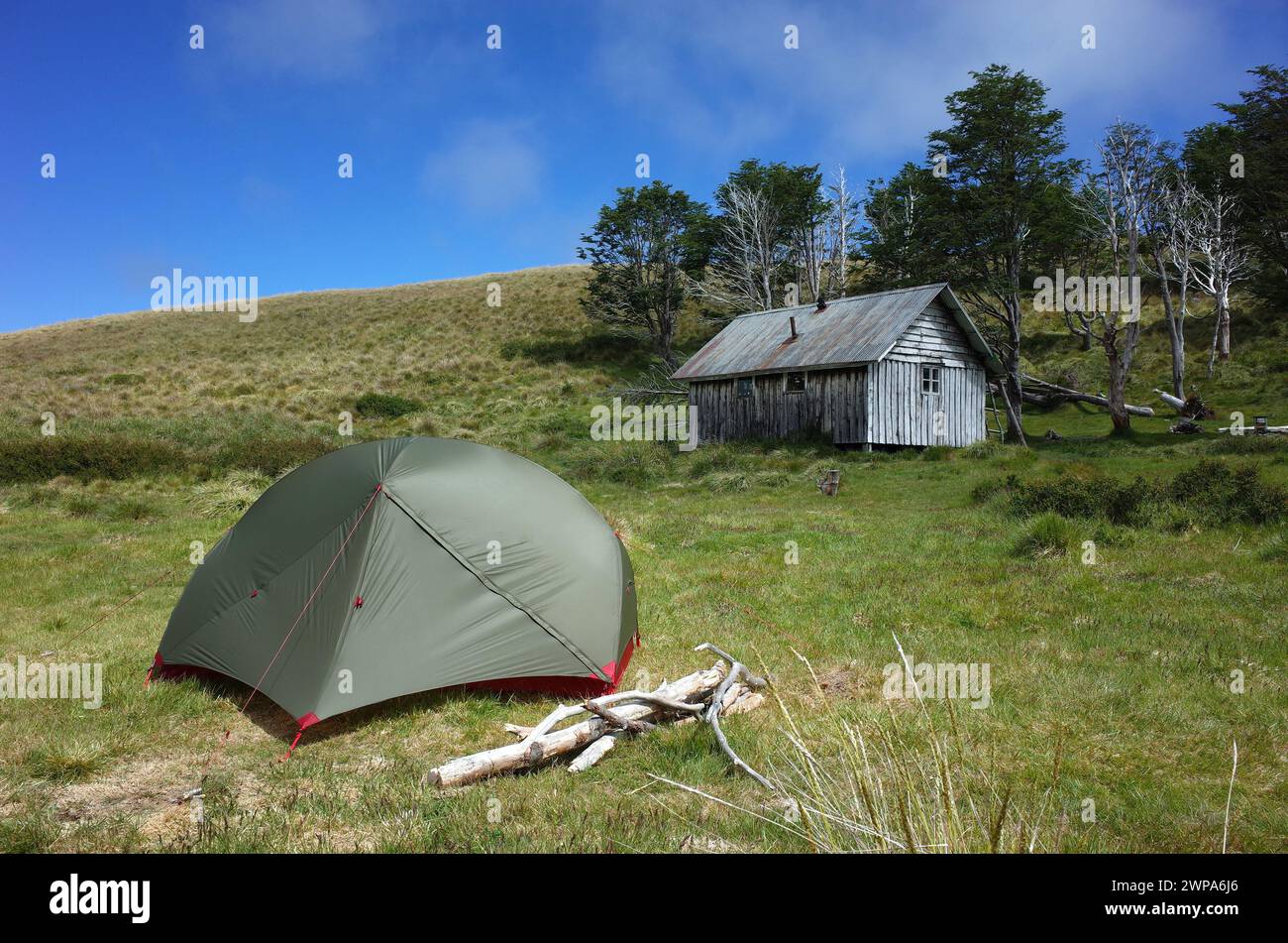 Tent on green grass by old wooden house and small forest on hill, Summer vacation beautiful peaceful scenery, Camping at Refugio El Caulle in Puyehue Stock Photo