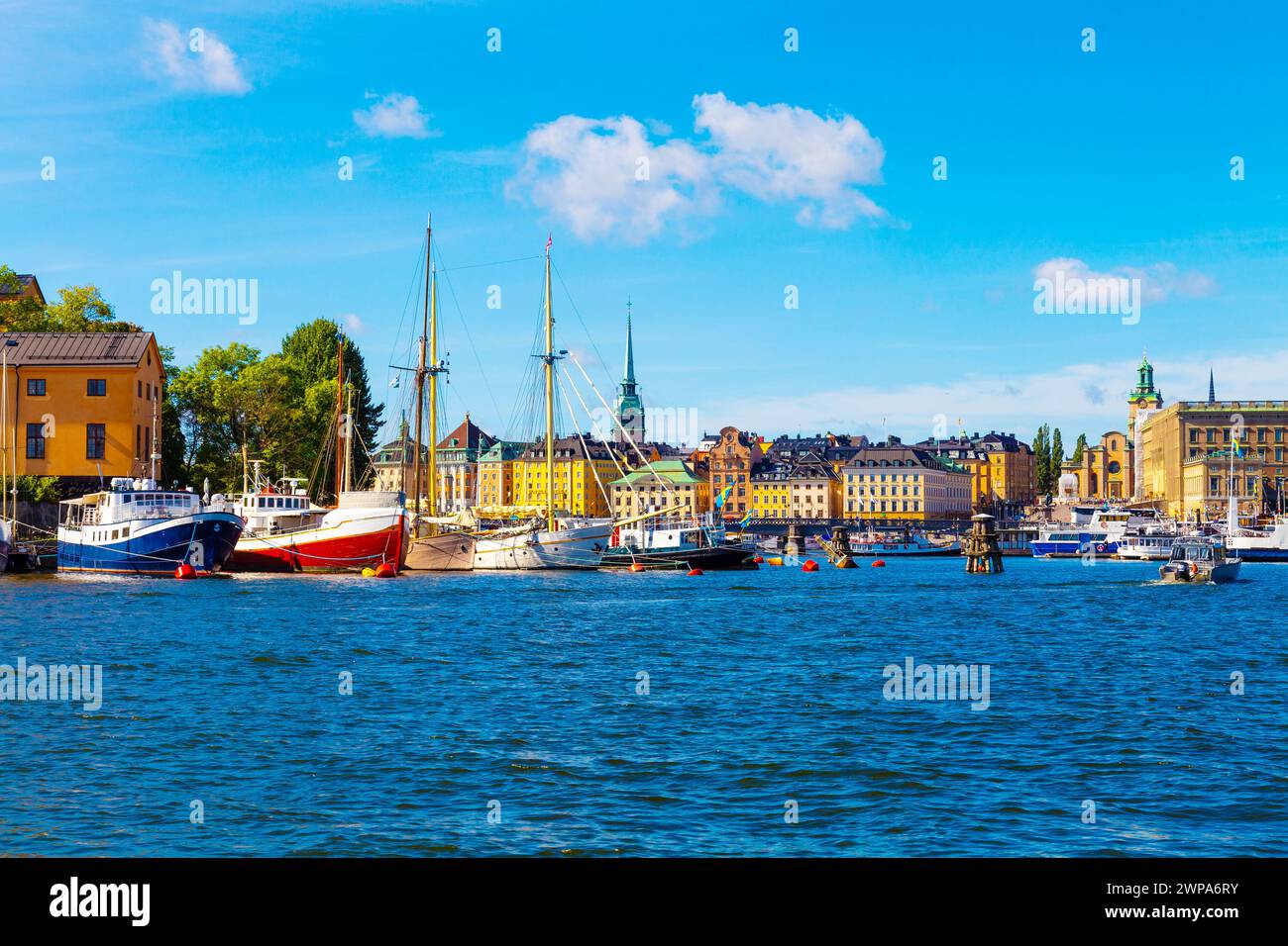 View of the old town and moored ships, Stockholm, Sweden Stock Photo