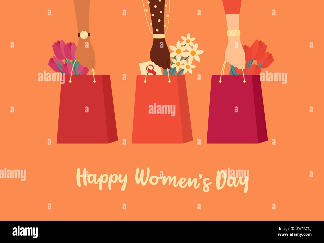 Hands of women of different nationalities and skin tones holding shopping bags with flowers. Women's Day greeting card. Flat vector illustration Stock Vector