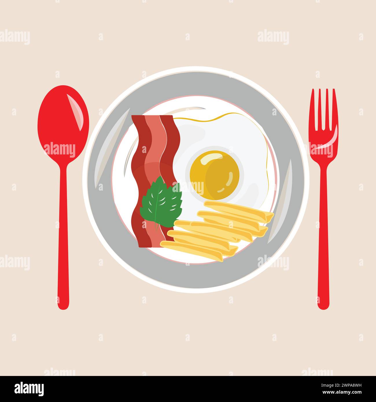 Fried egg on plate from above vector graphics, Various eggs. Different English breakfasts, Vector illustration in cartoon style. Fried eggs with bacon Stock Vector