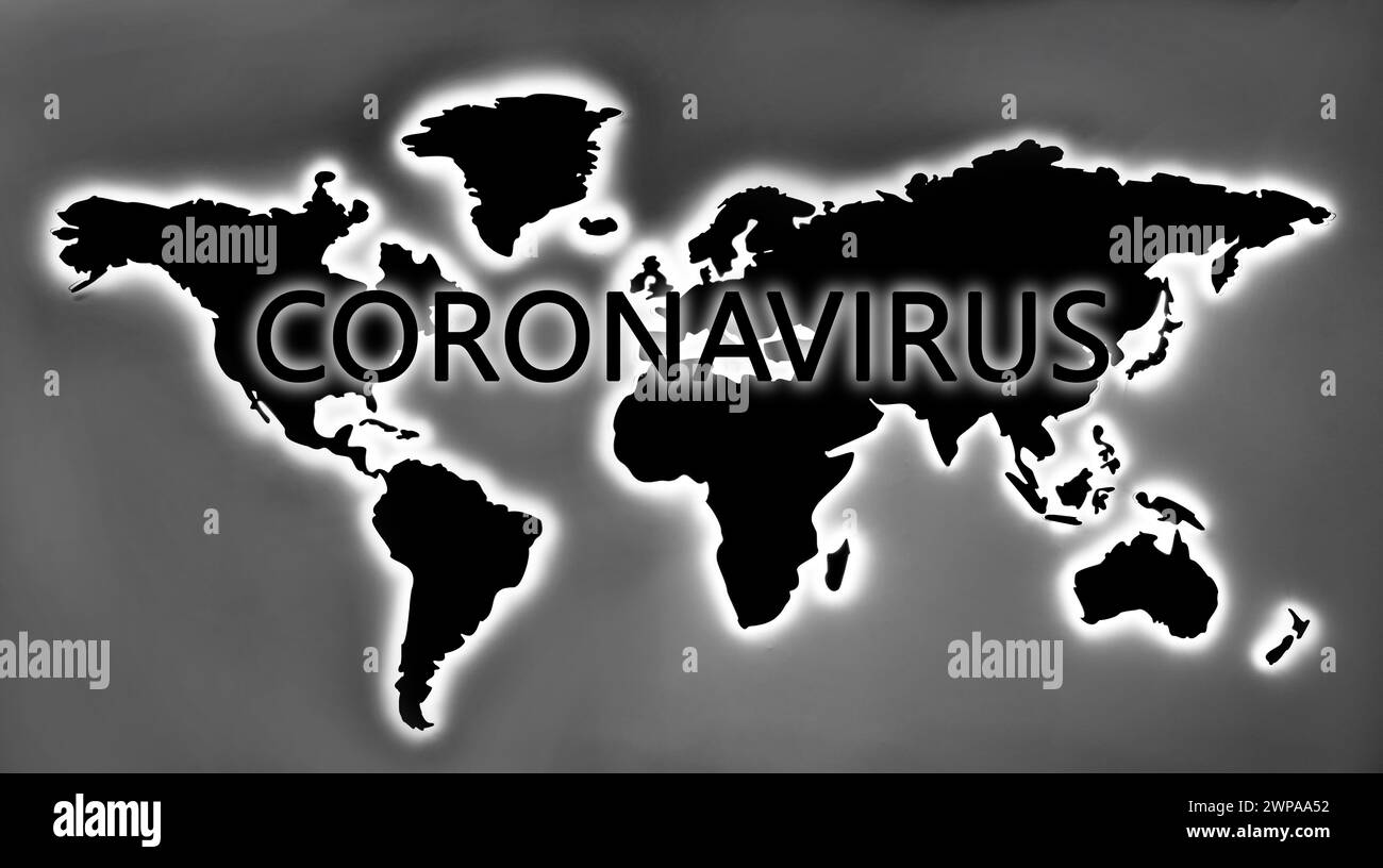 Coronavirus Covid-19 theme on world map black and white abstract Stock Photo