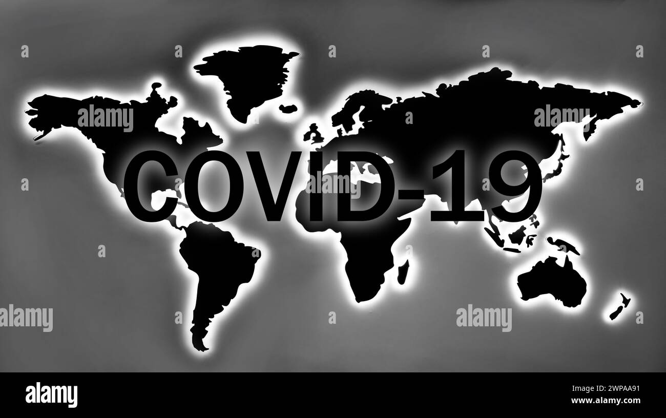 Covid-19 theme on world map black and white abstract Stock Photo