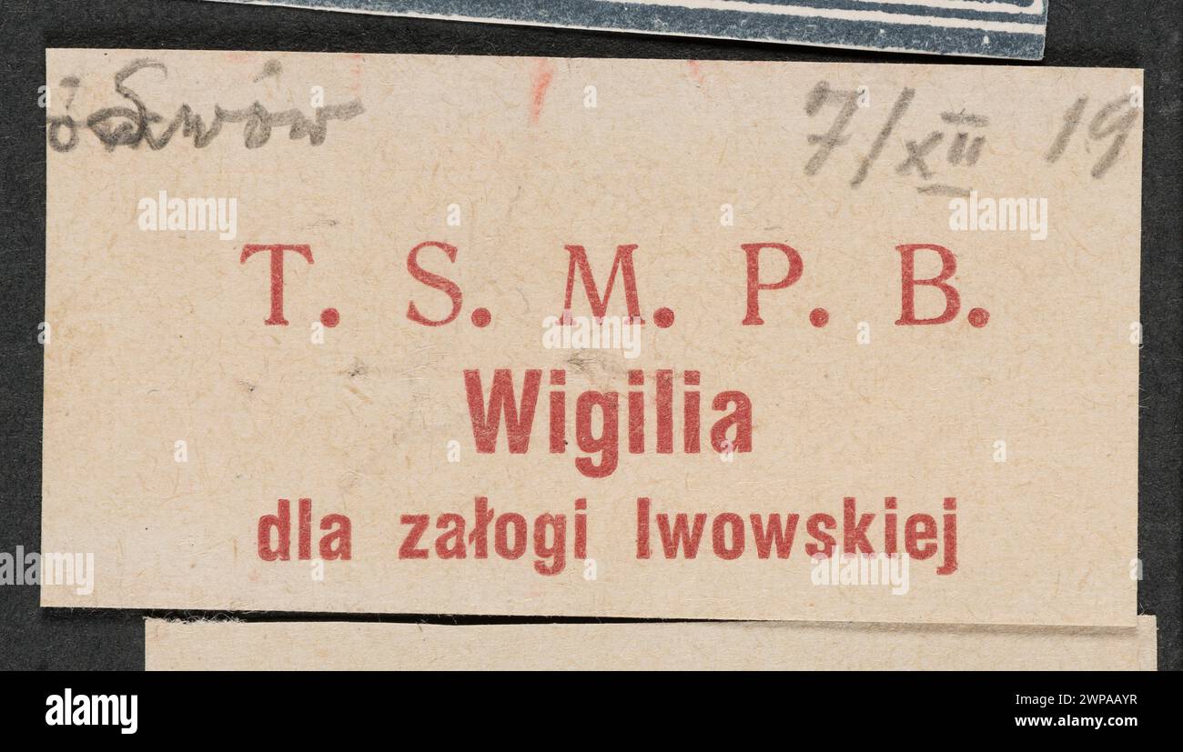 Case printing with the text: T. S. M. P. B. Christmas Eve for the Lwowska crew; T. S. M. P. B.; 1919 (1914-00-00-1939-00-00); Stock Photo