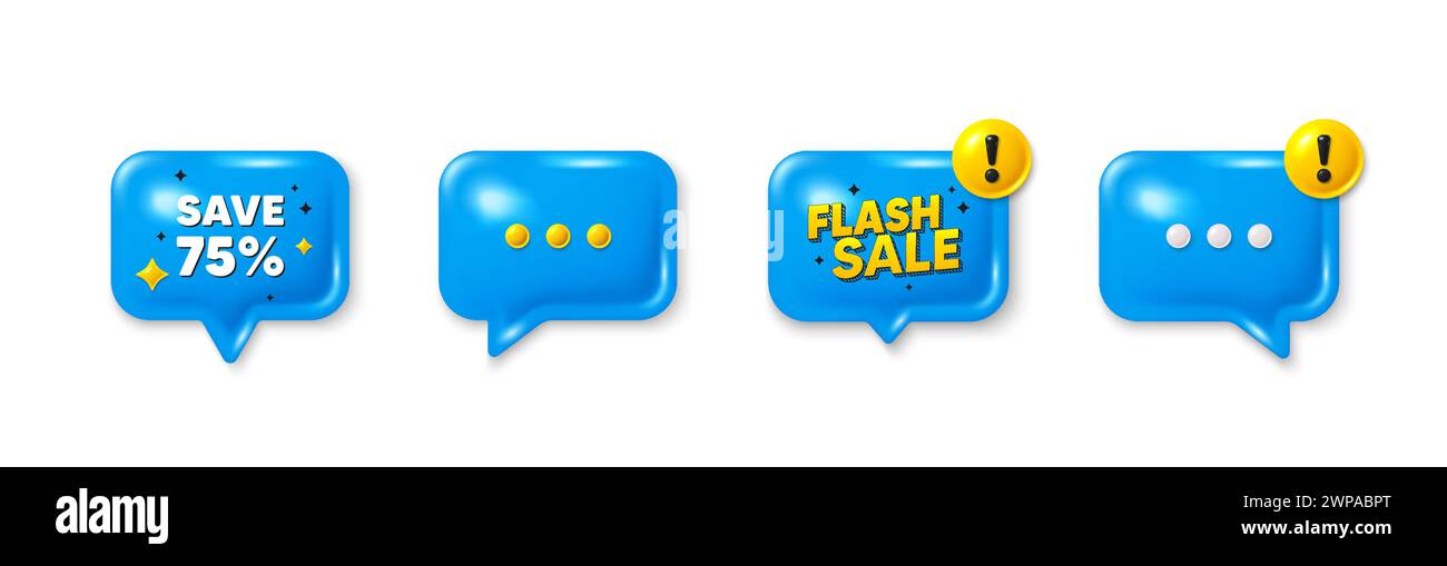 Offer speech bubble 3d icons. Save 75 percent off tag. Sale Discount offer price sign. Special offer symbol. Discount chat offer. Flash sale, danger a Stock Vector