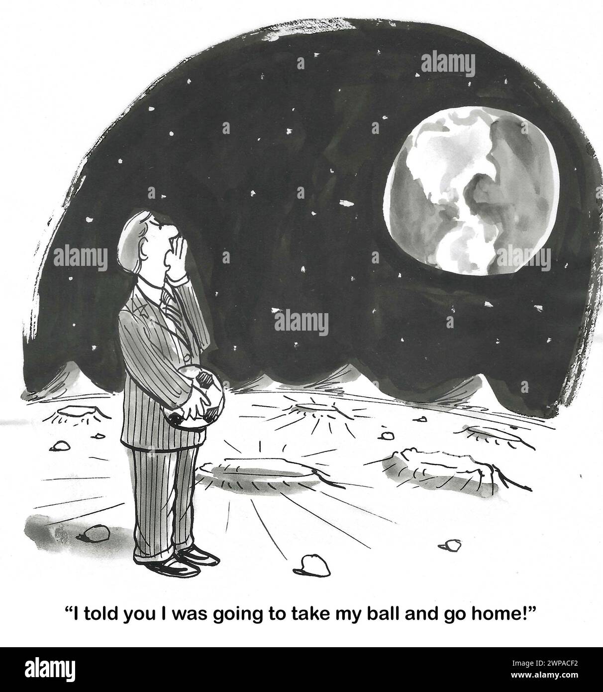 BW cartoon of a man who has taken his ball and gone home to Mars. Stock Photo