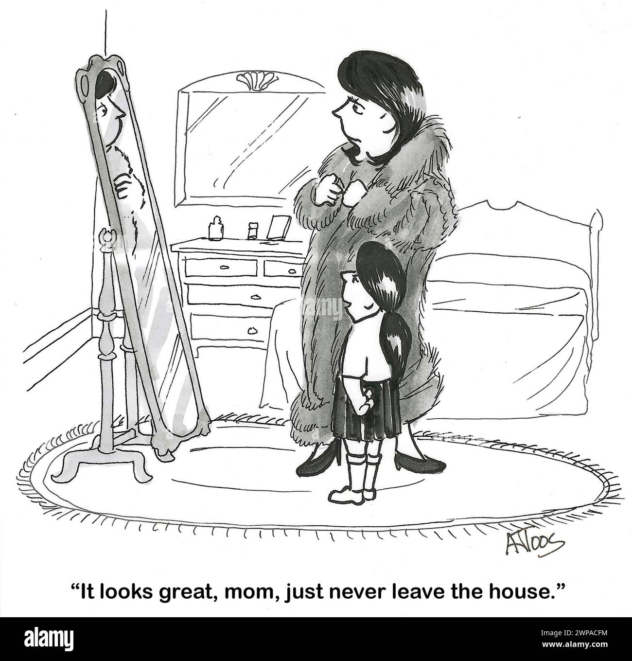 BW cartoon about a woman wearing a real fur coat - controversial.  Her daughter suggest 'just stay in the house'. Stock Photo