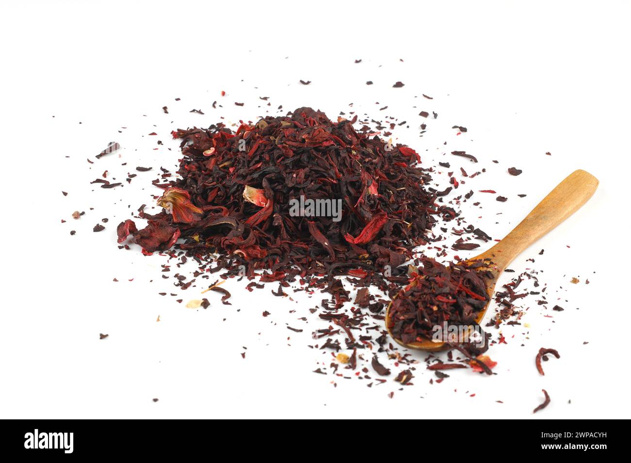 Hibiscus, a pile of red dried Hibiscus tea leaves. Karkade tea. On white background. View from above. Stock Photo