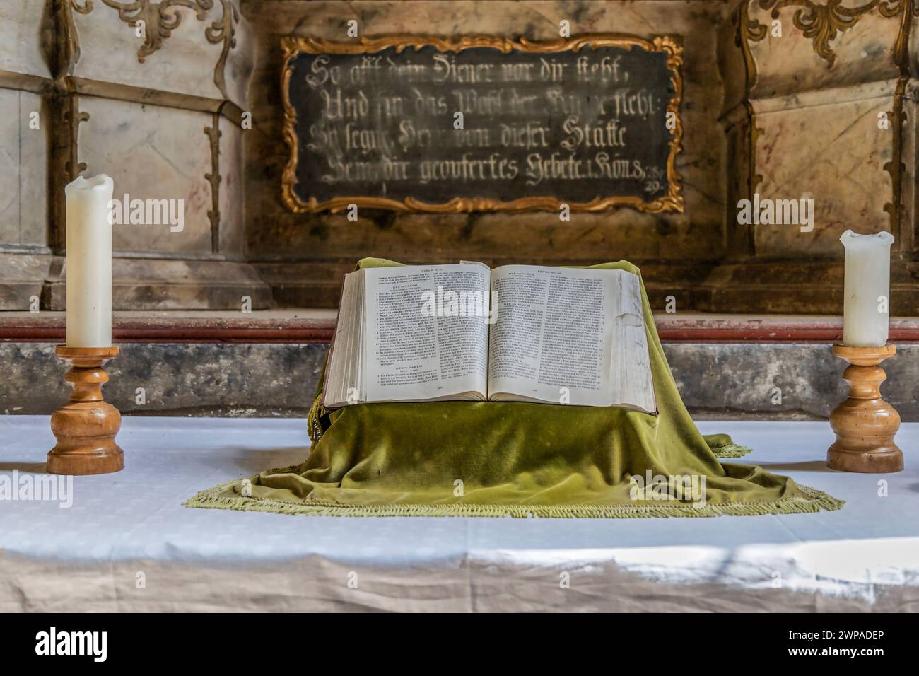RICHIS,ROMANIA-SEPT. 3, 2021:Religious elements inside of the fortified Evangelical Lutheran Church,built in the second half of the 14th century.Forme Stock Photo