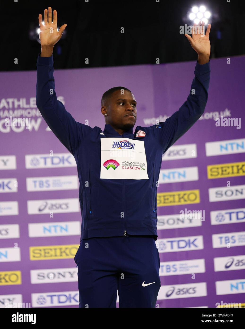 Christian COLEMAN of USA waves to the crowd before picking up his gold ...