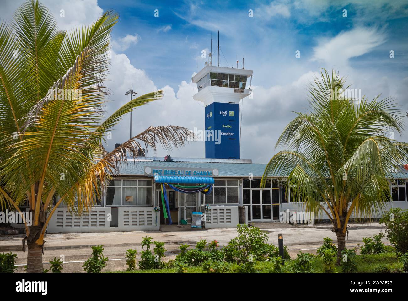 The control tower and buildings at Abeid Amani Karume International Airport, Zanzibar airport, Tanzania Stock Photo