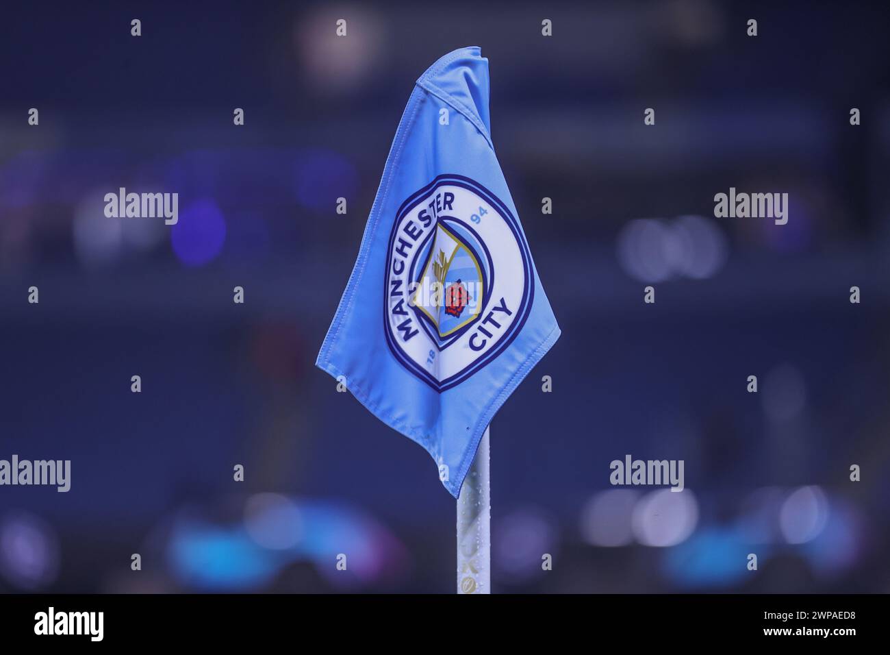 Corner flag during the UEFA Champions League match Manchester City vs F.C. Copenhagen at Etihad Stadium, Manchester, United Kingdom, 6th March 2024  (Photo by Mark Cosgrove/News Images) Stock Photo