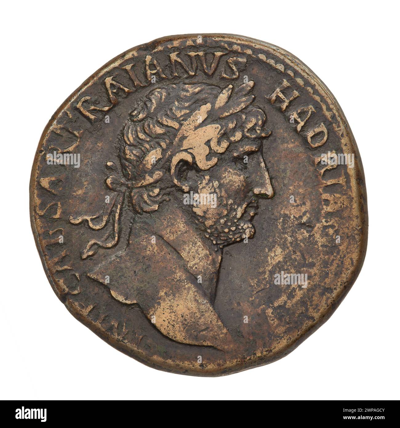 sesterce; Hadrian (76-138; Roman emperor 117-138); 119 (118-00-00-118-00-00);Felicitas (personification), bust, abundance horns, laurel wreaths Stock Photo