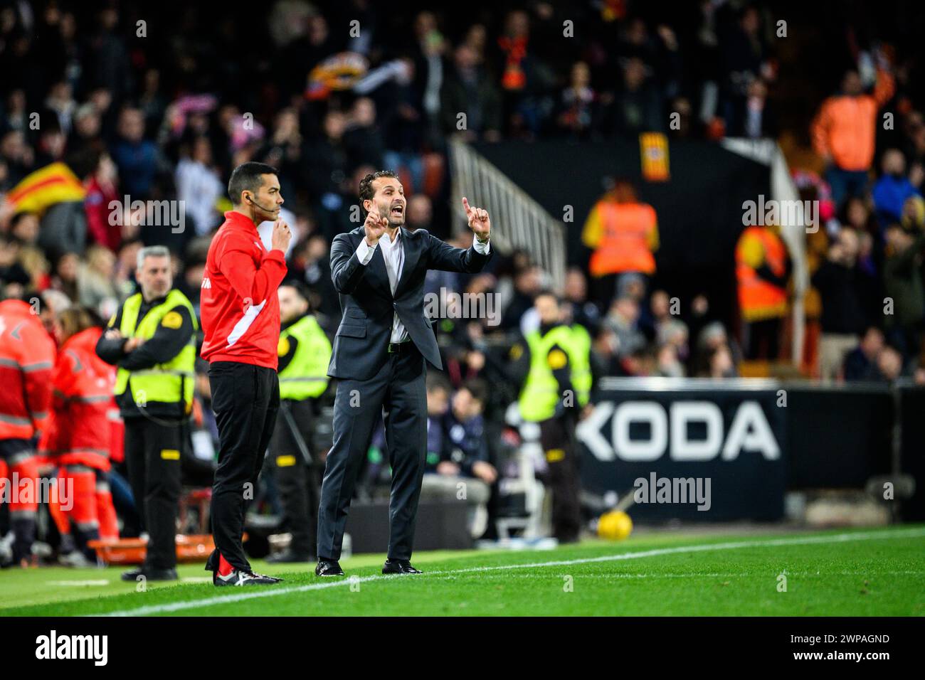 Valencia Club de Futbol coach Ruben Baraja giving instructions from the bench during a match at Mestalla, Valencia, Spain. Stock Photo