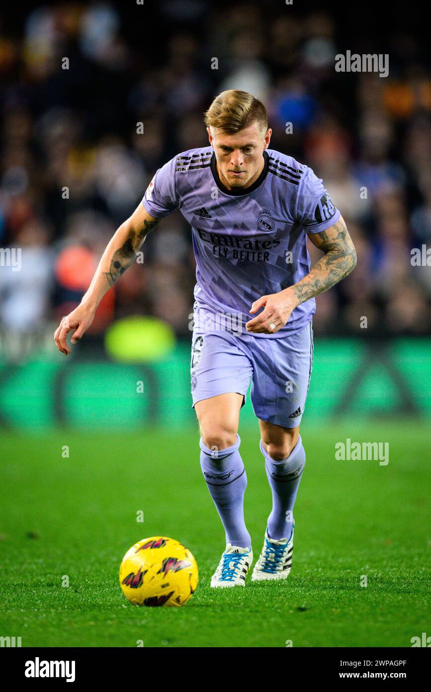 Real Madrid's German player Toni Kroos in action during an EA Sports LaLiga match at Mestalla, Valencia, Spain. Stock Photo