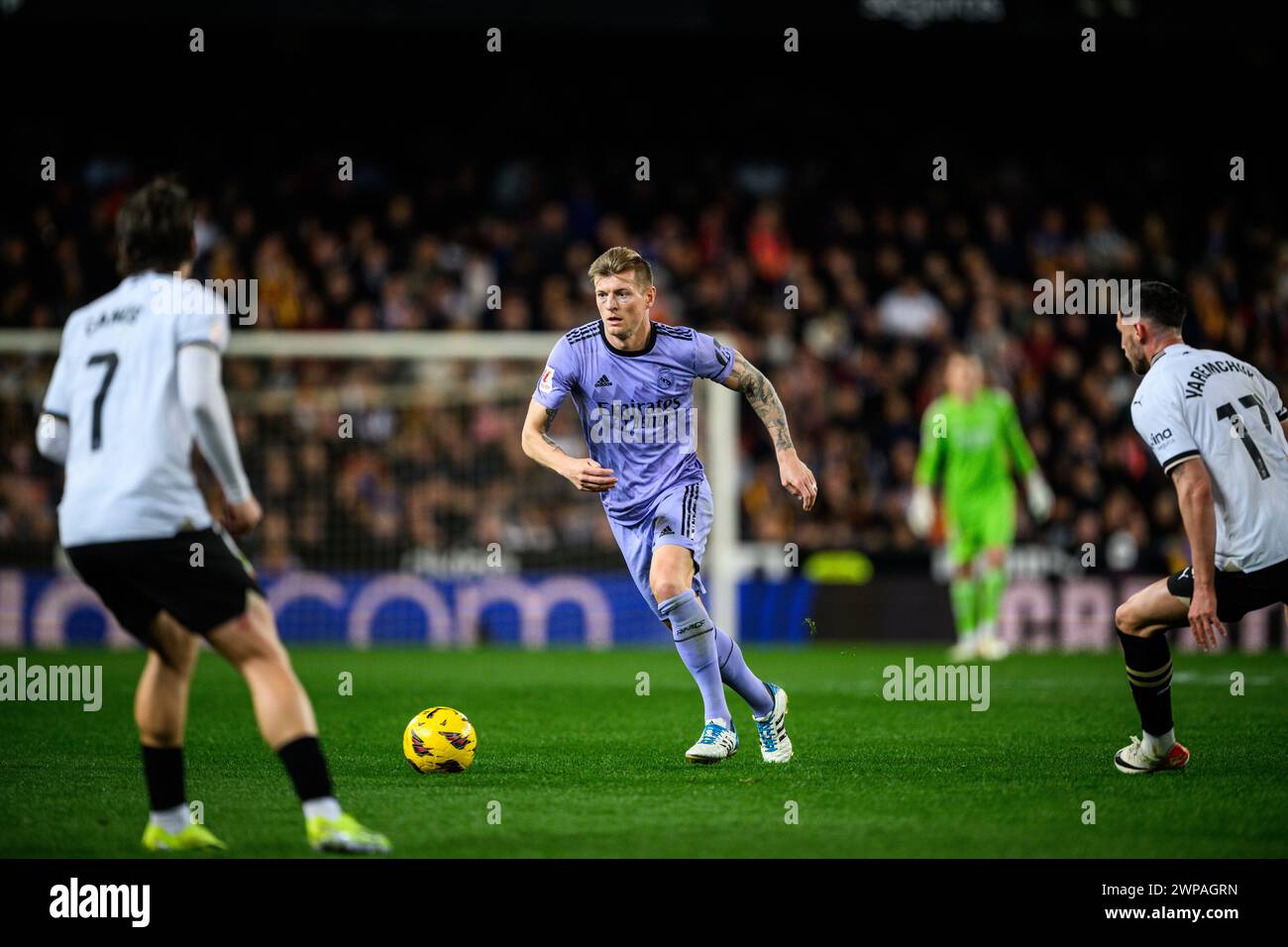 Real Madrid's German player Toni Kroos in action during an EA Sports LaLiga match at Mestalla, Valencia, Spain. Stock Photo