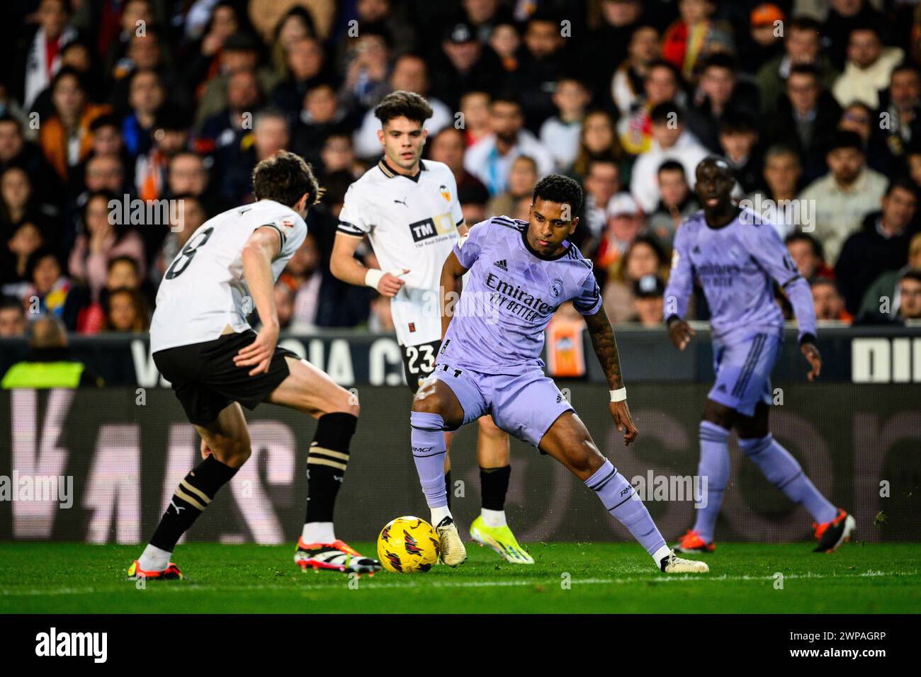 Real Madrid's Brazilian player Rodrygo Goes in action during an EA Sports LaLiga match at Mestalla, Valencia, Spain. Stock Photo