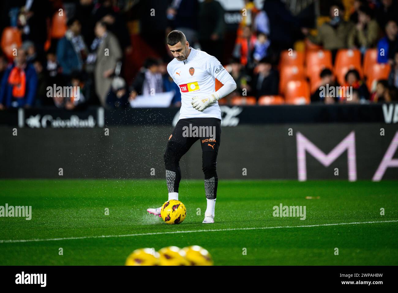 Valencia Club de Fútbol goalkeeper Jaume Domenech warming up minutes before a match at Mestalla, Valencia, Spain. Stock Photo