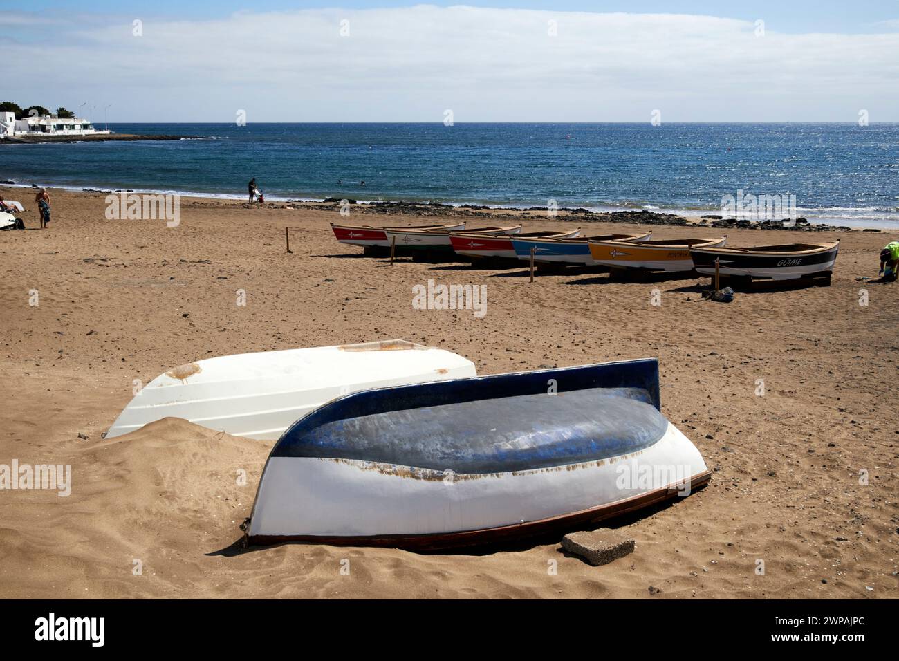 upside down wooden fishing boats Playa Honda, Lanzarote, Canary Islands, spain Stock Photo