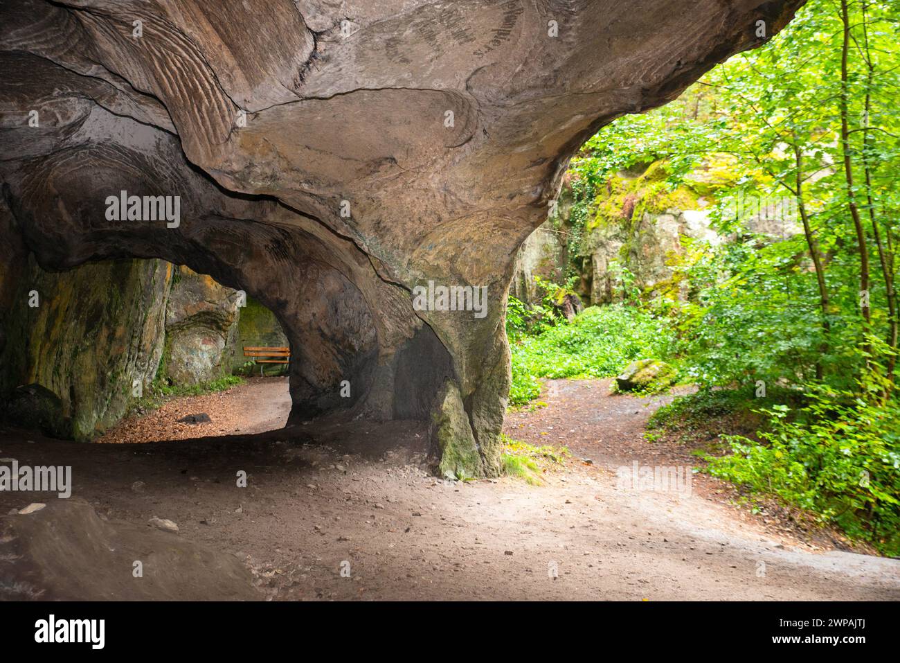 Huel Lee or Hohllay on the Mullerthal trail in Luxembourg, open cave with view to the forest, sandstone rock formation Stock Photo