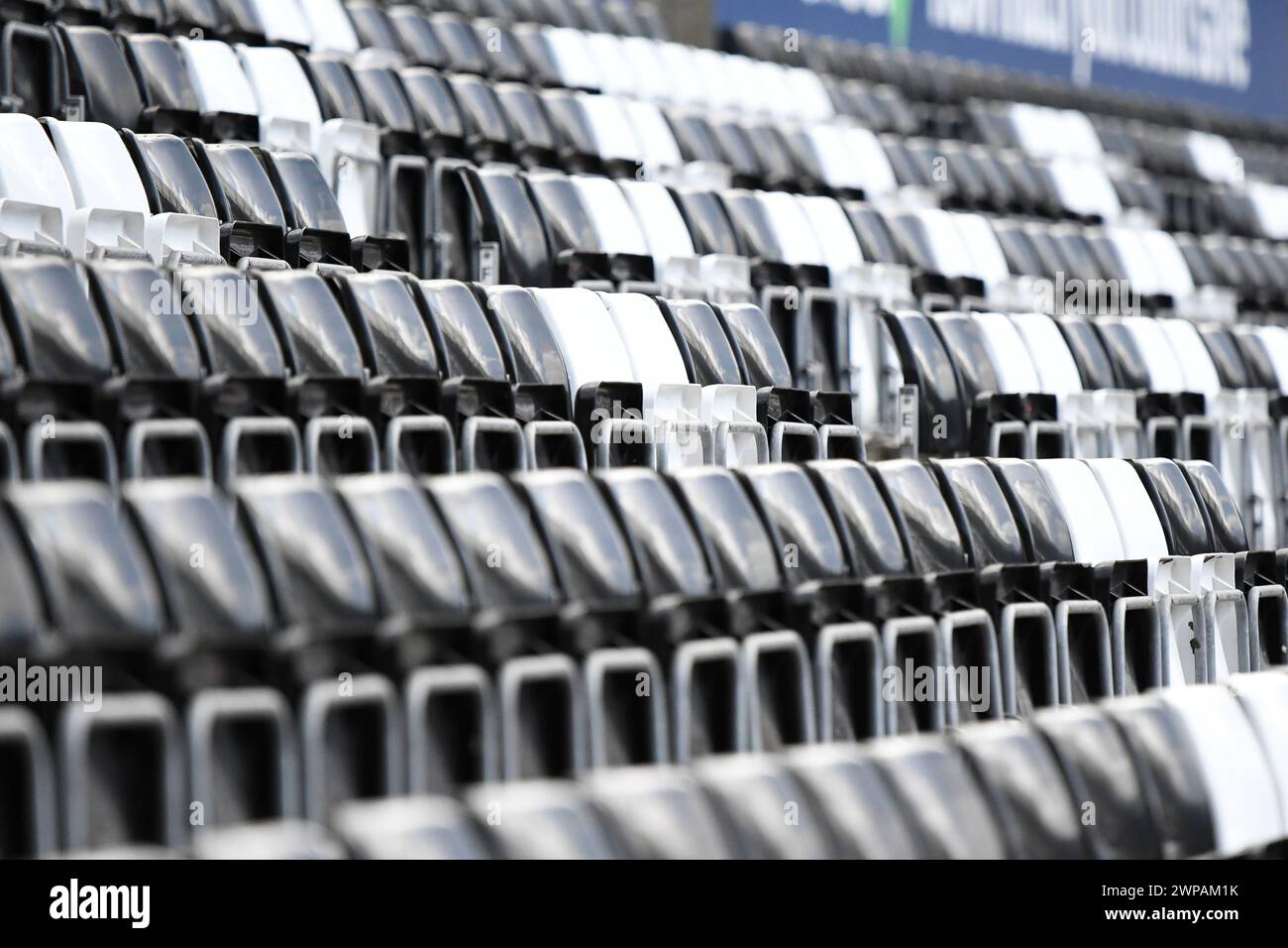 Swansea, Wales. 27 July 2019. Multiple rows of black and white plastic seats in the stadium before the pre-season friendly match between Swansea City and Atalanta BC at the Liberty Stadium in Swansea, Wales, UK on 27 July 2019. Credit: Duncan Thomas/Majestic Media. Stock Photo
