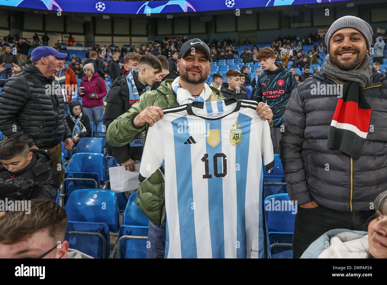 Manchester, UK. 06th Mar, 2024. A fan with an Argentina football shirt during the UEFA Champions League match Manchester City vs F.C. Copenhagen at Etihad Stadium, Manchester, United Kingdom, 6th March 2024 (Photo by Mark Cosgrove/News Images) in Manchester, United Kingdom on 3/6/2024. (Photo by Mark Cosgrove/News Images/Sipa USA) Credit: Sipa USA/Alamy Live News Stock Photo