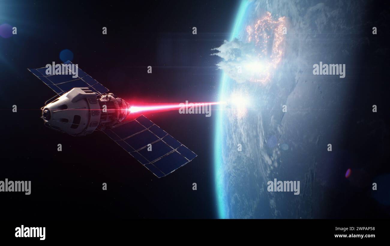 3D animation of satellite attacking Earth planet with laser weapon from the outer space. Destruction in cosmos from nuclear weapons. Geopolitical rivalry. Space threat of nuclear aggression and war. Stock Photo