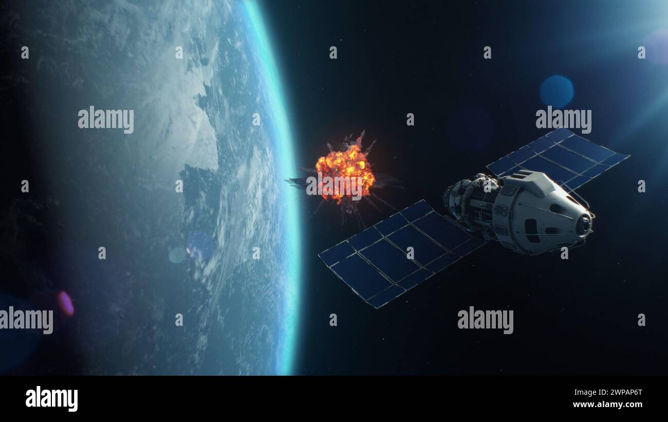 3D VFX rendering of satellite attacking another satellite with laser ...