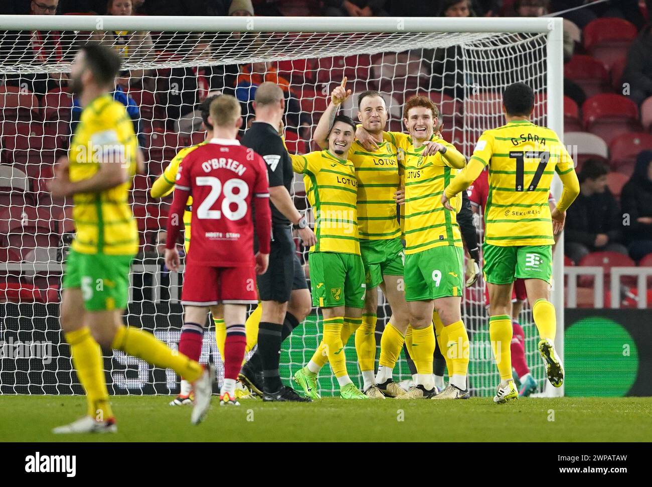 Norwich City's Ashley Barnes (third right) celebrates scoring their side's first goal of the game during the Sky Bet Championship match at the Riverside Stadium, Middlesbrough. Picture date: Wednesday March 6 2024. Stock Photo